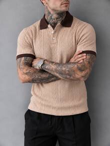 Manfinity Homme 男士復古直條紋針織 Polo 短袖領口休閒上衣，寬鬆復古版型，街頭風海灘日常百搭男裝 - 卡其色 - 查看 4