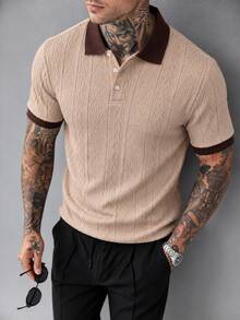 Manfinity Homme 男士復古直條紋針織 Polo 短袖領口休閒上衣，寬鬆復古版型，街頭風海灘日常百搭男裝 - 卡其色 - 查看 3