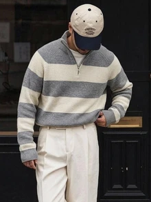 Manfinity Hypemode 男士秋冬針織毛衣，半開胸設計，翻領，插肩長袖套頭衫，鈕扣開襟，橫條紋拼接配色 - 灰色 - 查看 2