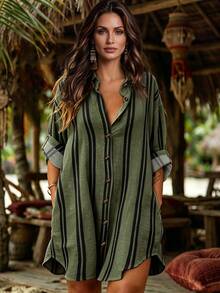 Linhara CURVE Plus Size Woven Casual Vacation Daily Commute Office Wear Simple Summer Fashion Women's Dress - Green - View 1