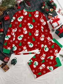 Manfinity Homme 男士雪人印花長袖上衣與長褲家居服套裝，適合家庭聚會，聖誕禮物 - 紅色 - 查看 4