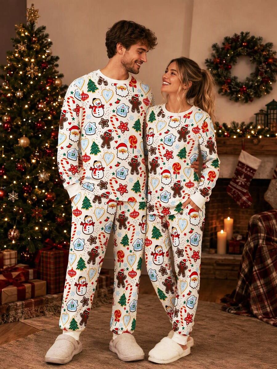 Manfinity Homme Men's Gingerbread Man Print Long Sleeve Top And Pants Christmas Loungewear Set - Apricot - View 1