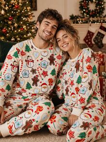 Manfinity Homme Men's Gingerbread Man Print Long Sleeve Top And Pants Christmas Loungewear Set - Apricot - View 2