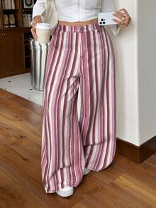 Rivivi Festival Plus Size Women Pink Striped Non-Stretch Slim Straight Leg Jeans - Pink - View 6