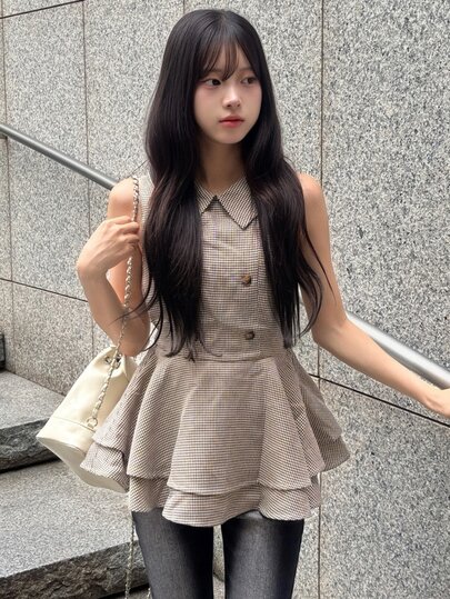 FRIFUL Women's Houndstooth Double-Breasted Lapel Sleeveless Blouse