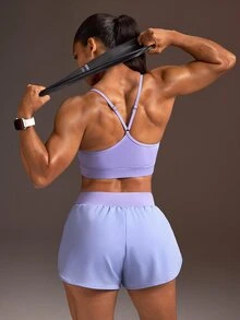 Powerista Women's Summer&Spring Gym Sportswear Solid Color Black Cropped Sports Activewear Bra And Running&Workout Shorts Sports Set - Purple - View 1