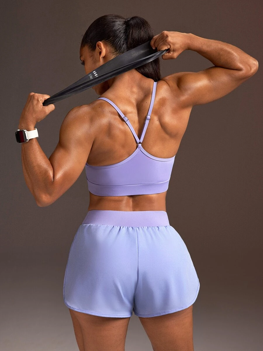 Powerista Women's Summer&Spring Gym Sportswear Solid Color Black Cropped Sports Activewear Bra And Running&Workout Shorts Sports Set - Purple - View 1