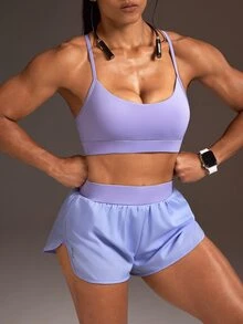 Powerista Women's Summer&Spring Gym Sportswear Solid Color Black Cropped Sports Activewear Bra And Running&Workout Shorts Sports Set - Purple - View 7