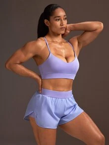 Powerista Women's Summer&Spring Gym Sportswear Solid Color Black Cropped Sports Activewear Bra And Running&Workout Shorts Sports Set - Purple - View 3