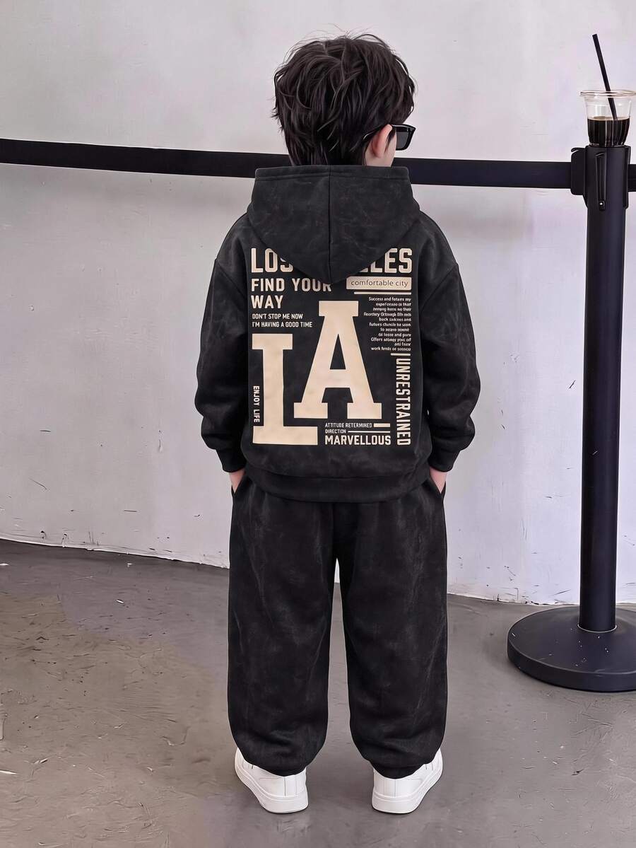 2pcs Kids Tween Boy Print Knit Pullover Sweatshirt Long Sleeve Pullover Sweatshirt & Autumn Pants Set, Grey Pullover Sweatshirt Set, Sports , Boys Set - Grey - View 1