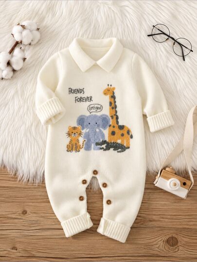 SHEIN Baby Boy Cartoon Animal Print Round Neck Long Sleeve Romper Pants, Versatile And Comfortable Autumn