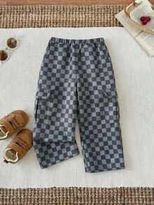 SHEIN Young Boy Young Boy Young Girl Plaid Pattern Elastic Waist Straight Leg Pants, Versatile And Comfortable For Autumn/Winter Kids - Dark Grey - View 10