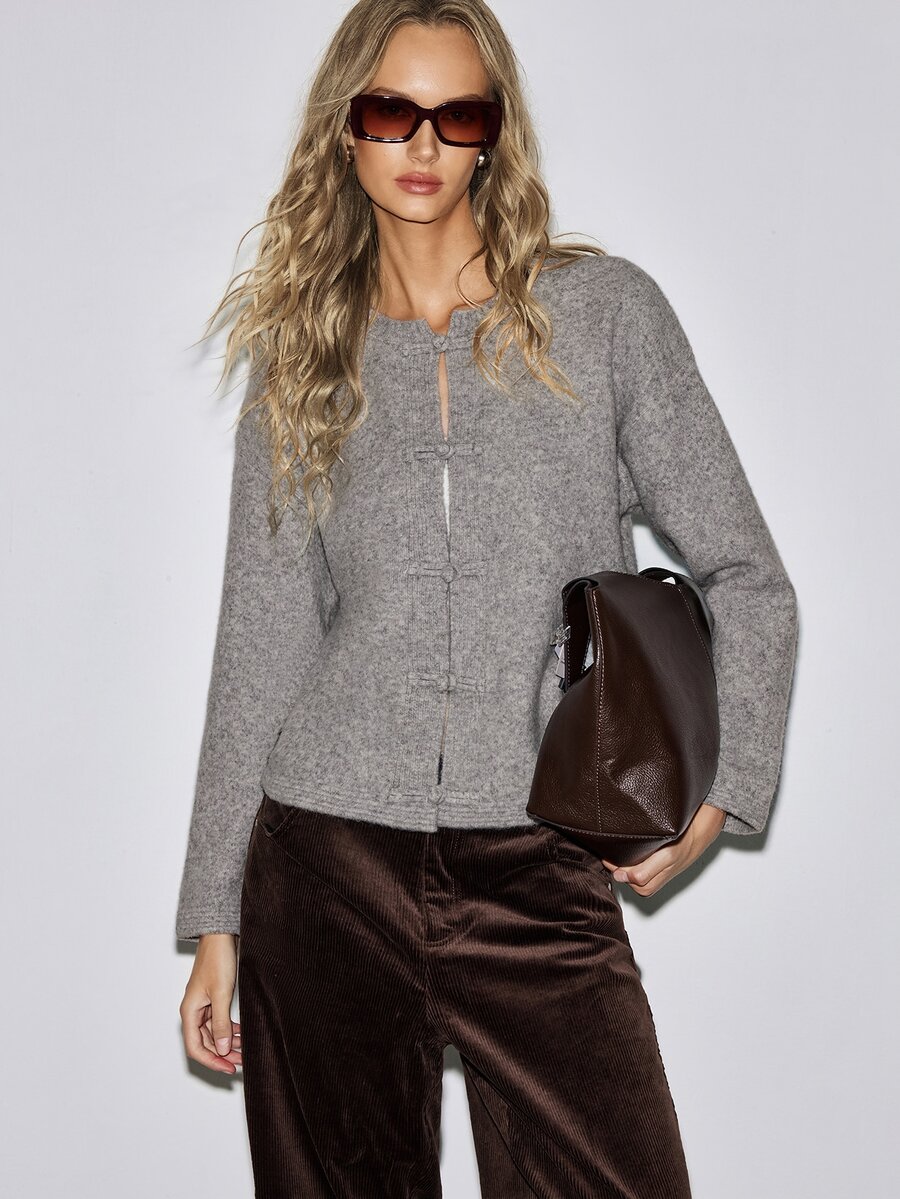 ATUI Studio Women's Elegant Frog Button Long Sleeve Knit Cardigan - Grey - View 1