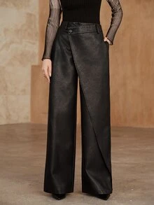Anewsta Women's Autumn/Winter New Urban Modern Casual Lazy Versatile Asymmetrical Design Washed Distressed PU Long Pants - Black - View 2