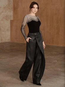 Anewsta Women's Autumn/Winter New Urban Modern Casual Lazy Versatile Asymmetrical Design Washed Distressed PU Long Pants - Black - View 6