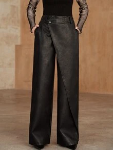Anewsta Women's Autumn/Winter New Urban Modern Casual Lazy Versatile Asymmetrical Design Washed Distressed PU Long Pants - Black - View 3