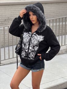 SHEIN 青少年女孩休閒衛衣 假日派對 黑色 秋季街頭風 Katseye - 黑色 - 查看 4