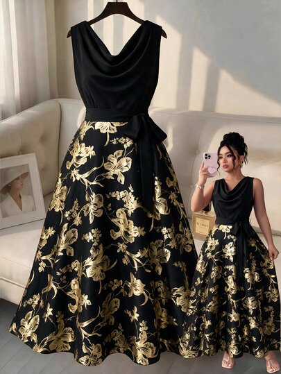 Rometta Plus Size Women's Black And Gold Short Sleeve Dress, Telegant Bow Tie Long Dress 1920 Vintage Gown Wedding Night Dinner Cocktail, Summer, Halloween
