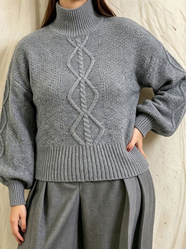 Elenzga Plus Size Women's Autumn/Winter Gray Lantern Sleeve Long Sleeve Pullover Sweater, Fashionable , Suitable For Daily Wear, Casual Occasions - Grey - View 8