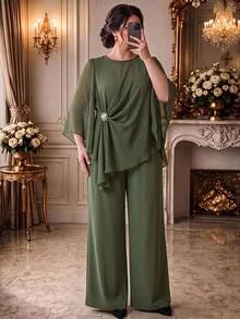 Linhara Plus Size Women's Army Green Printed Chiffon Round Neck Long Sleeve Ruched Rhinestone Button Decor Asymmetrical Hem Top And Long Wide Leg Pants 2 Pieces Set, Suitable For Daily Commute, Date, Vacation, Light Luxury Loose Drape Comfortable Plus Size Women's Clothing - Army Green - View 11