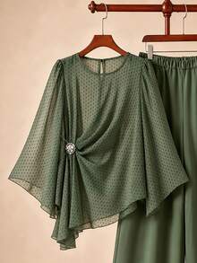 Linhara Plus Size Women's Army Green Printed Chiffon Round Neck Long Sleeve Ruched Rhinestone Button Decor Asymmetrical Hem Top And Long Wide Leg Pants 2 Pieces Set, Suitable For Daily Commute, Date, Vacation, Light Luxury Loose Drape Comfortable Plus Size Women's Clothing - Army Green - View 9