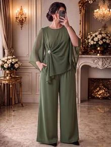 Linhara Plus Size Women's Army Green Printed Chiffon Round Neck Long Sleeve Ruched Rhinestone Button Decor Asymmetrical Hem Top And Long Wide Leg Pants 2 Pieces Set, Suitable For Daily Commute, Date, Vacation, Light Luxury Loose Drape Comfortable Plus Size Women's Clothing - Army Green - View 1