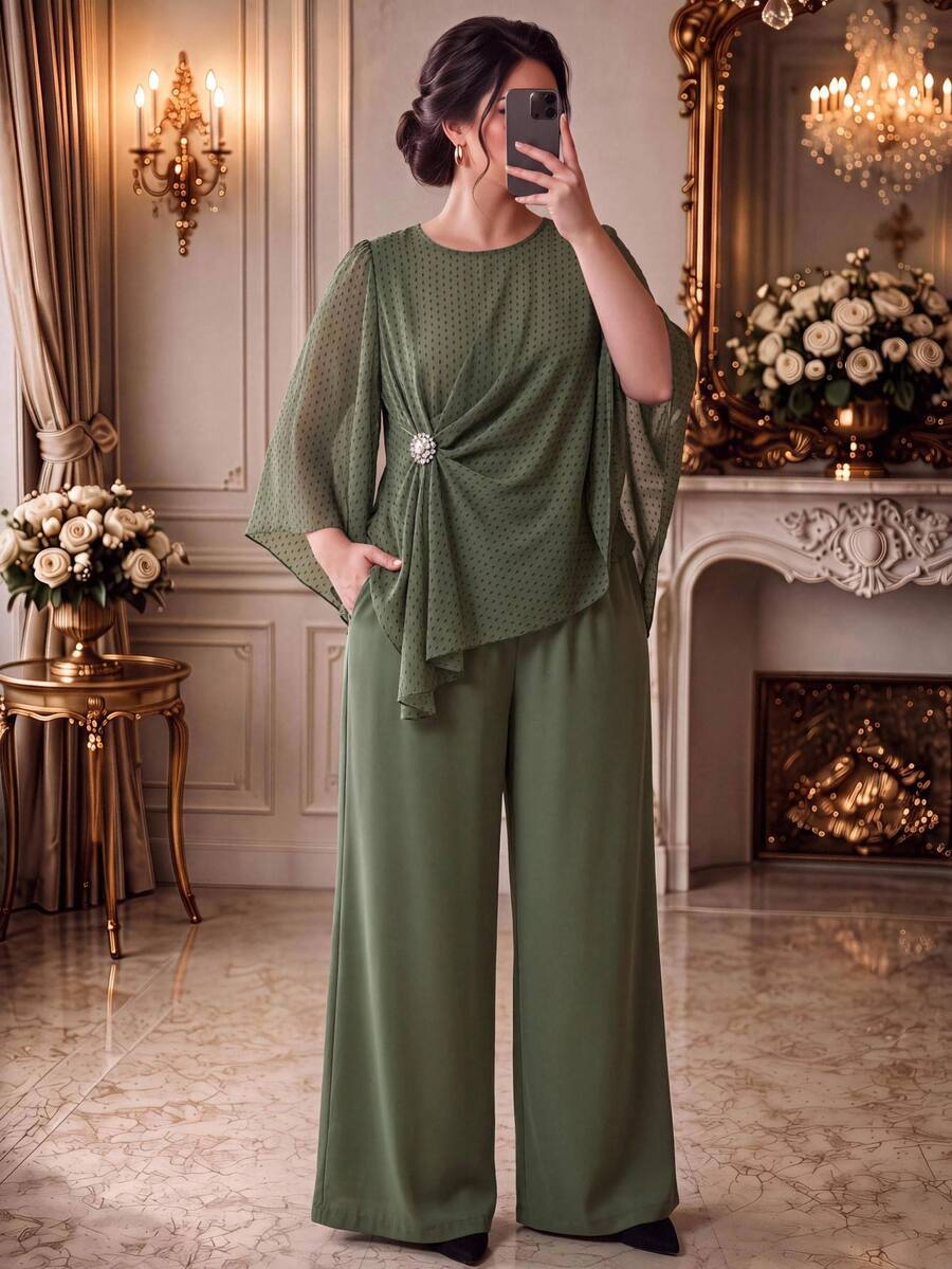 Linhara Plus Size Women's Army Green Printed Chiffon Round Neck Long Sleeve Ruched Rhinestone Button Decor Asymmetrical Hem Top And Long Wide Leg Pants 2 Pieces Set, Suitable For Daily Commute, Date, Vacation, Light Luxury Loose Drape Comfortable Plus Size Women's Clothing - Army Green - View 1