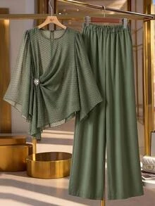 Linhara Plus Size Women's Army Green Printed Chiffon Round Neck Long Sleeve Ruched Rhinestone Button Decor Asymmetrical Hem Top And Long Wide Leg Pants 2 Pieces Set, Suitable For Daily Commute, Date, Vacation, Light Luxury Loose Drape Comfortable Plus Size Women's Clothing - Army Green - View 12