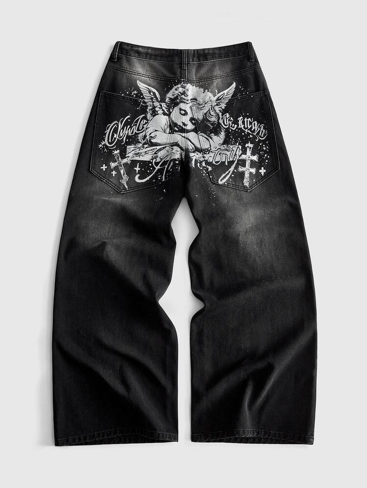ROMWE MEN Men's Loose Fit Denim Jeans With Angel Print Pattern And Side Pockets - Black - View 1