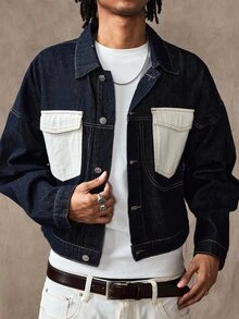 ROMWE MEN Street Life Jaket Denim Kasual Pria Model Single-Breasted dengan Blok Warna untuk Pemakaian Sehari-hari - Biru - View 6