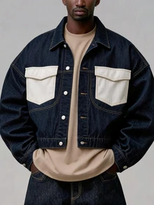 ROMWE MEN Street Life Jaket Denim Kasual Pria Model Single-Breasted dengan Blok Warna untuk Pemakaian Sehari-hari - Biru - View 1