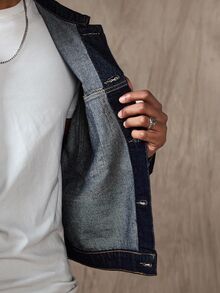 ROMWE MEN Street Life Jaket Denim Kasual Pria Model Single-Breasted dengan Blok Warna untuk Pemakaian Sehari-hari - Biru - View 10