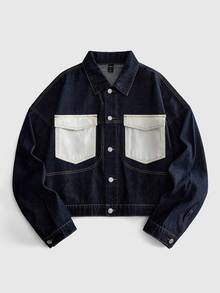 ROMWE MEN Street Life Jaket Denim Kasual Pria Model Single-Breasted dengan Blok Warna untuk Pemakaian Sehari-hari - Biru - View 7