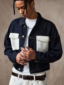 ROMWE MEN Street Life Jaket Denim Kasual Pria Model Single-Breasted dengan Blok Warna untuk Pemakaian Sehari-hari - Biru - View 8