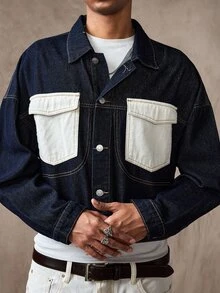 ROMWE MEN Street Life Jaket Denim Kasual Pria Model Single-Breasted dengan Blok Warna untuk Pemakaian Sehari-hari - Biru - View 9