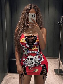 Amplova Halloween Party Event Strap Design Pattern Style Low-Cut Sexy Mini Dress - Red - View 3