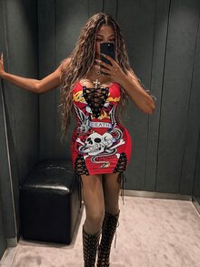 Amplova Halloween Party Event Strap Design Pattern Style Low-Cut Sexy Mini Dress - Red - View 2
