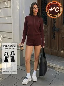 SHEIN PETITE مجموعة من قطعتين للنساء الصغيرات: جاكيت بني وشورت رياضي كاجوال مع كنزة متطابقة. - بني - مشاهدة 9