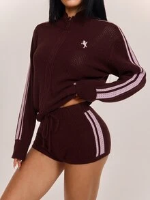 SHEIN PETITE مجموعة من قطعتين للنساء الصغيرات: جاكيت بني وشورت رياضي كاجوال مع كنزة متطابقة. - بني - مشاهدة 10
