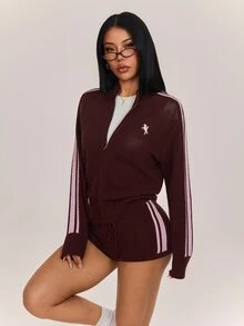 SHEIN PETITE مجموعة من قطعتين للنساء الصغيرات: جاكيت بني وشورت رياضي كاجوال مع كنزة متطابقة. - بني - مشاهدة 8