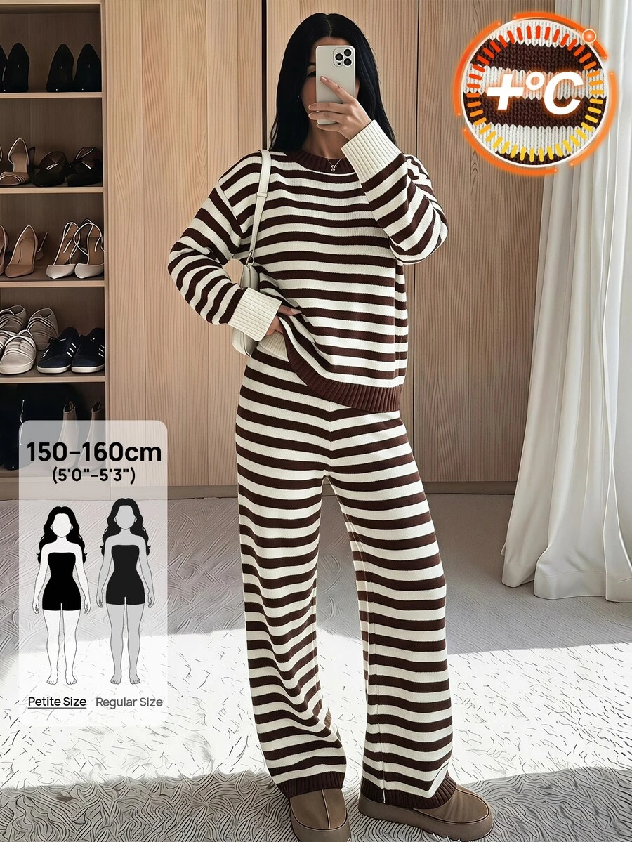 SHEIN PETITE Stylish Brown Striped Sweater Two Pieces Set For Petite Women – Smart-Casual Workwear - Brown - View 1