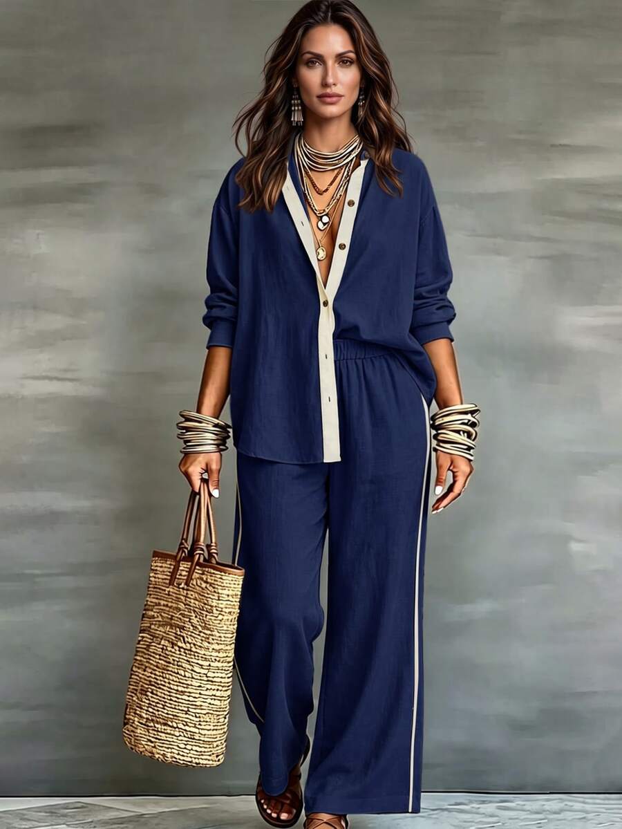 Linhara CURVE Plus-Size Women's Woven Casual Commuting Autumn Two Pieces Set Fall - Blue - View 1