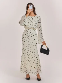SHEIN Tall Elegant And Sweet Apricot-Colored Polka-Dot Maxi Dress For Tall Muslim Women. - Apricot - View 8