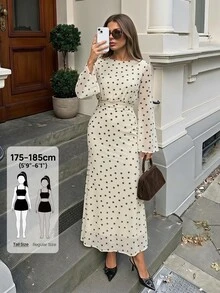 SHEIN Tall Elegant And Sweet Apricot-Colored Polka-Dot Maxi Dress For Tall Muslim Women. - Apricot - View 4