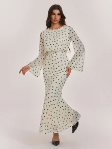 SHEIN Tall Elegant And Sweet Apricot-Colored Polka-Dot Maxi Dress For Tall Muslim Women. - Apricot - View 9