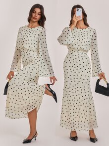 SHEIN Tall Elegant And Sweet Apricot-Colored Polka-Dot Maxi Dress For Tall Muslim Women. - Apricot - View 1