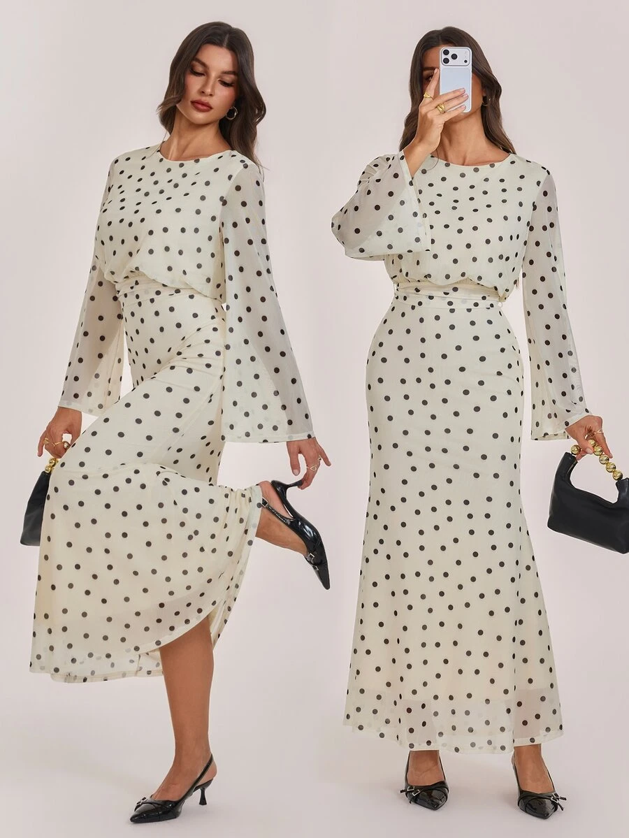 SHEIN Tall Elegant And Sweet Apricot-Colored Polka-Dot Maxi Dress For Tall Muslim Women. - Apricot - View 1