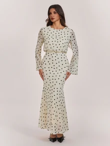 SHEIN Tall Elegant And Sweet Apricot-Colored Polka-Dot Maxi Dress For Tall Muslim Women. - Apricot - View 7