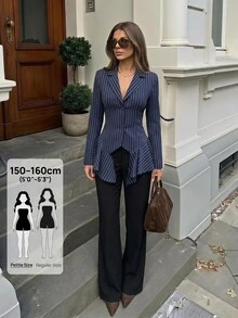 SHEIN PETITE Elegant, Minimalist Navy Striped Blazer For Petite Women-Perfect For Commuting. - Navy Blue - View 4