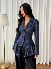 SHEIN PETITE Elegant, Minimalist Navy Striped Blazer For Petite Women-Perfect For Commuting. - Navy Blue - View 7